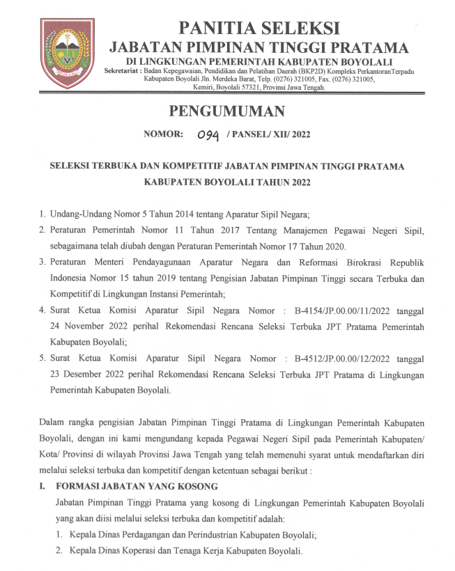 Pengumuman Seleksi Terbuka JPT Pratama Kabupaten Boyolali Tahun 2022